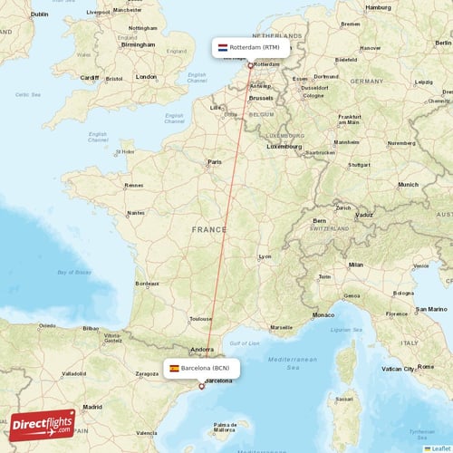 Barcelona - Rotterdam direct flight map