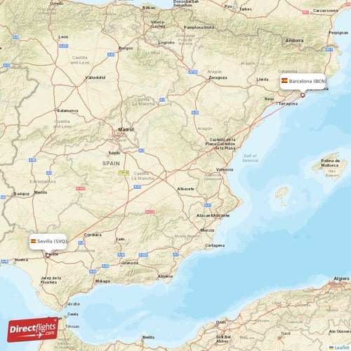 Barcelona - Sevilla direct flight map