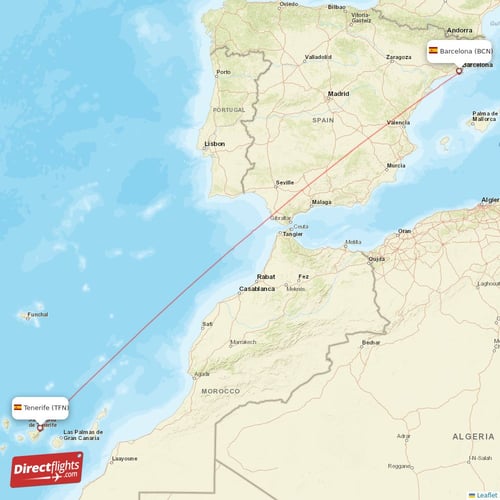 Barcelona - Tenerife direct flight map