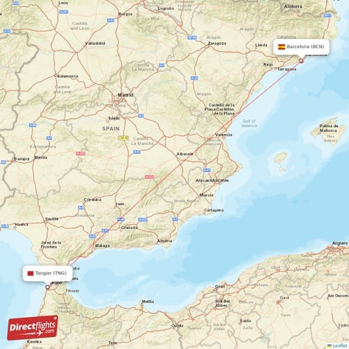 Barcelona - Tangier direct flight map