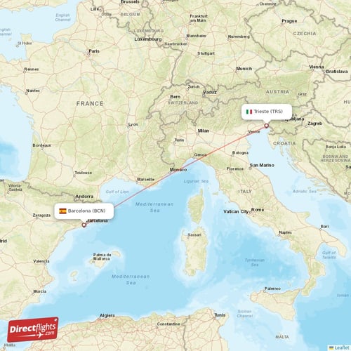 Barcelona - Trieste direct flight map