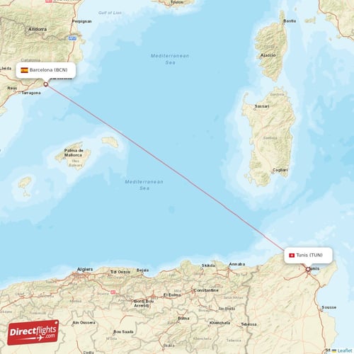 Barcelona - Tunis direct flight map