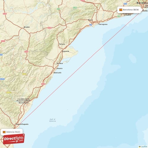 Barcelona - Valencia direct flight map