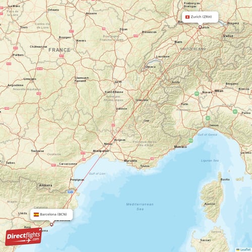 Barcelona - Zurich direct flight map