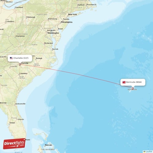 Bermuda - Charlotte direct flight map