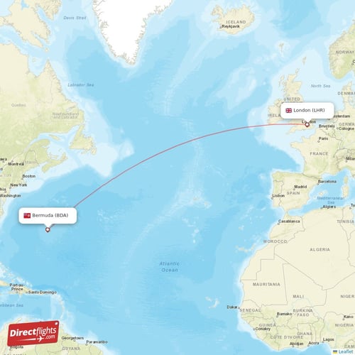 Bermuda - London direct flight map