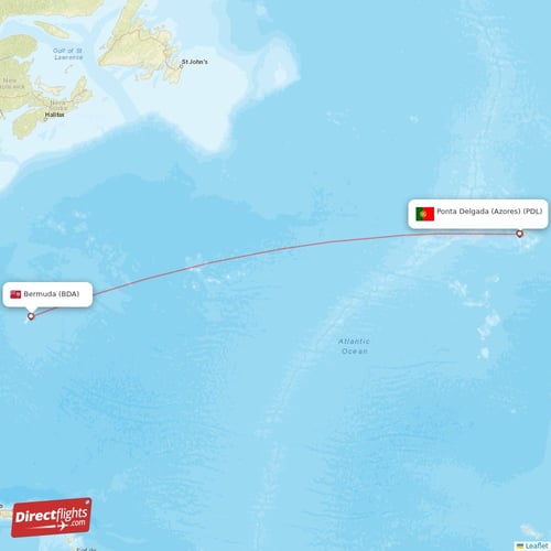 Bermuda - Ponta Delgada (Azores) direct flight map