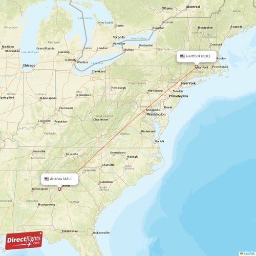 Hartford - Atlanta direct flight map