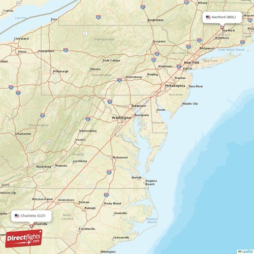 Hartford - Charlotte direct flight map
