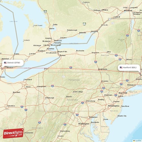 Hartford - Detroit direct flight map