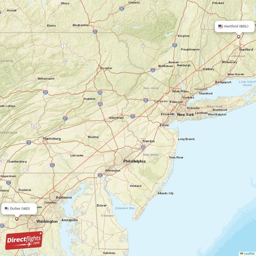Hartford - Dulles direct flight map