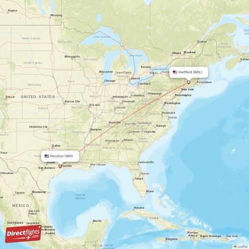 Hartford - Houston direct flight map