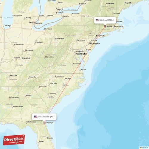 Hartford - Jacksonville direct flight map
