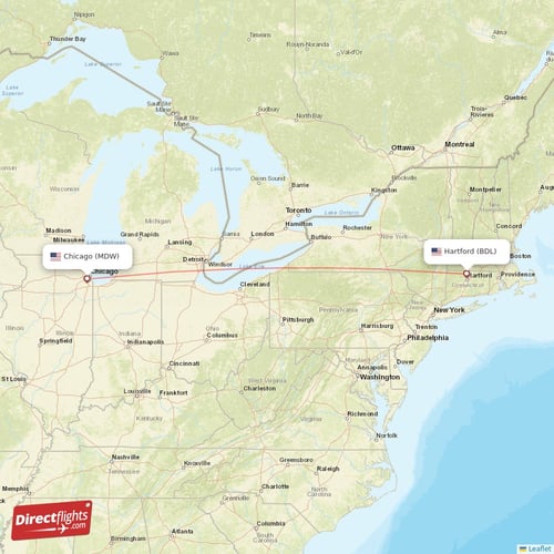 Hartford - Chicago direct flight map