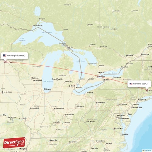 Hartford - Minneapolis direct flight map