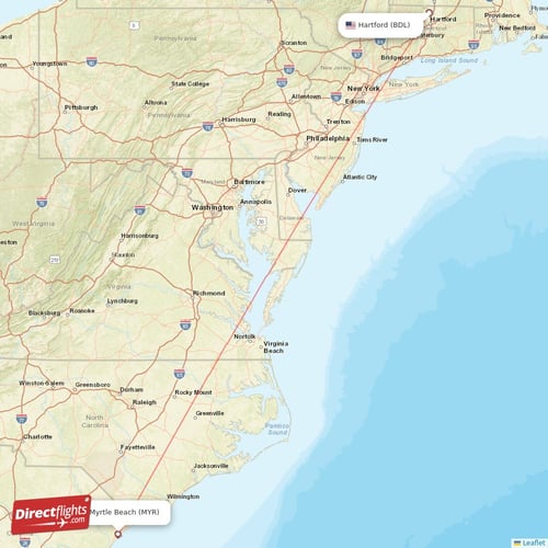 Hartford - Myrtle Beach direct flight map
