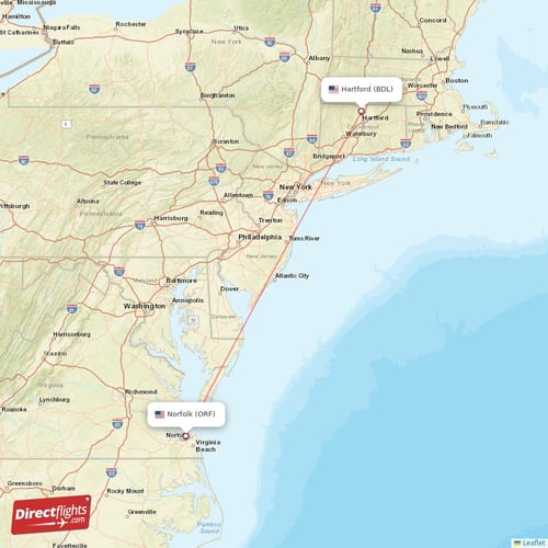 Hartford - Norfolk direct flight map