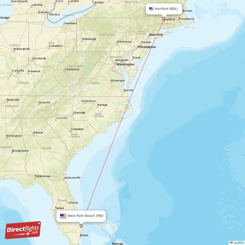 Hartford - West Palm Beach direct flight map