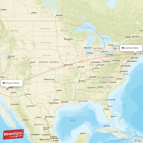 Hartford - Phoenix direct flight map