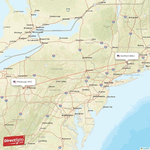 Hartford - Pittsburgh direct flight map