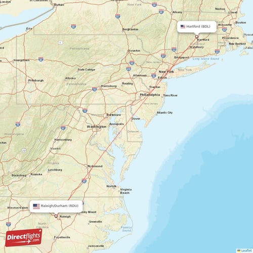 Hartford - Raleigh/Durham direct flight map