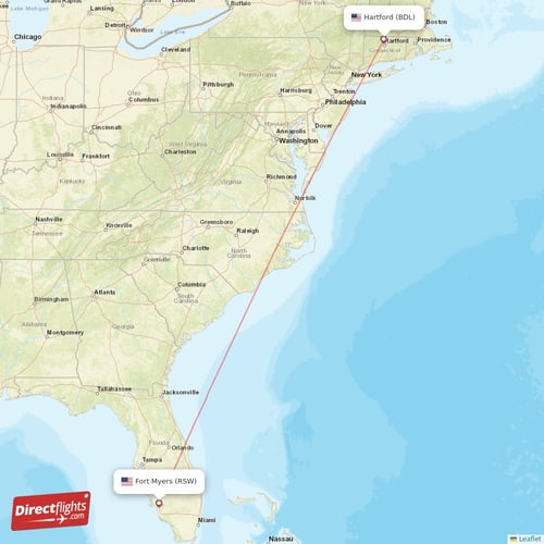 Hartford - Fort Myers direct flight map