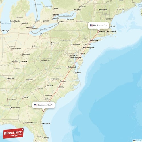 Hartford - Savannah direct flight map
