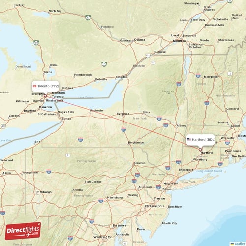 Hartford - Toronto direct flight map