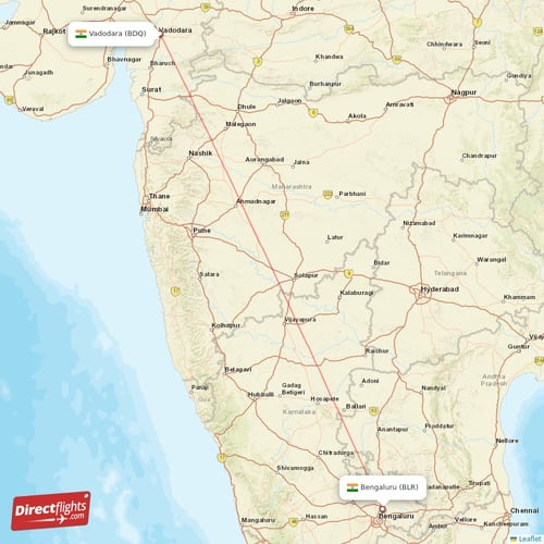 Vadodara - Bengaluru direct flight map
