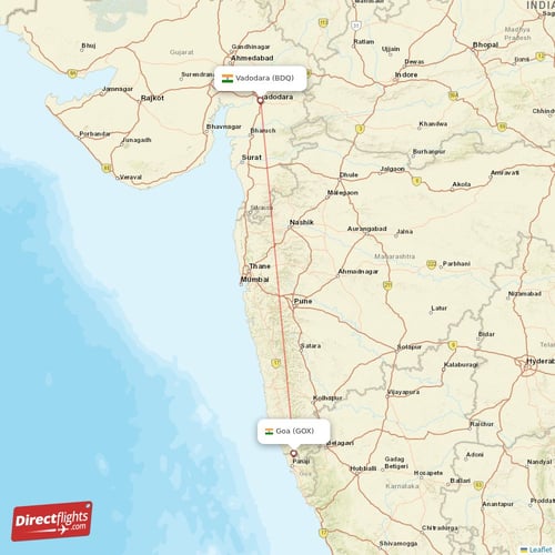 Vadodara - Goa direct flight map