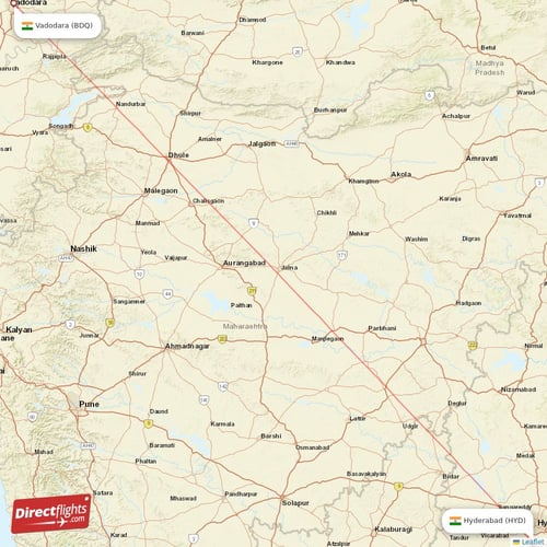Vadodara - Hyderabad direct flight map