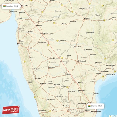 Vadodara - Chennai direct flight map