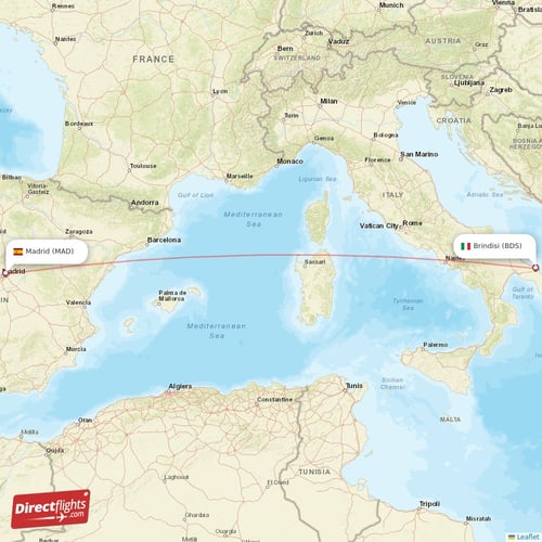 Brindisi - Madrid direct flight map