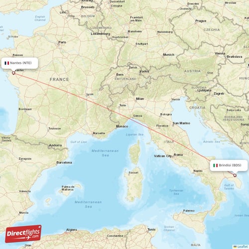 Brindisi - Nantes direct flight map
