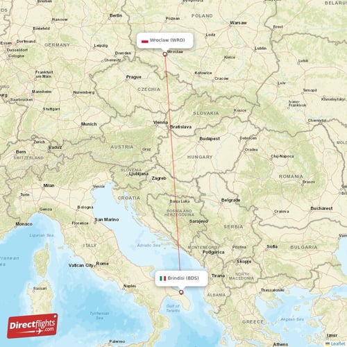 Brindisi - Wroclaw direct flight map