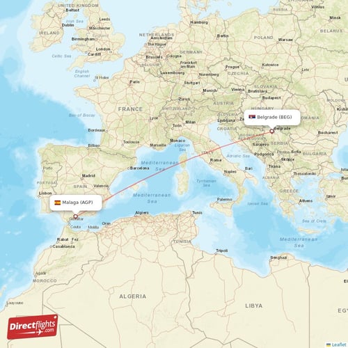 Belgrade - Malaga direct flight map