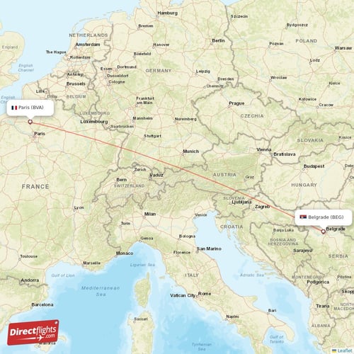 Belgrade - Paris direct flight map
