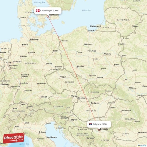 Belgrade - Copenhagen direct flight map