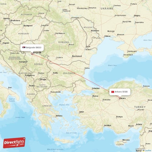 Belgrade - Ankara direct flight map