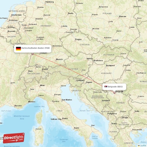 Belgrade - Karlsruhe/Baden-Baden direct flight map