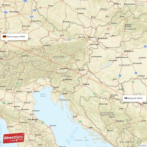Belgrade - Memmingen direct flight map