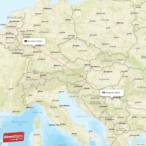 Belgrade - Frankfurt direct flight map