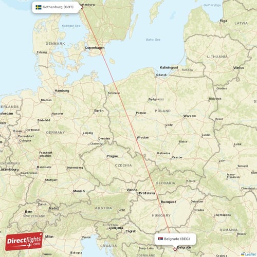 Belgrade - Gothenburg direct flight map