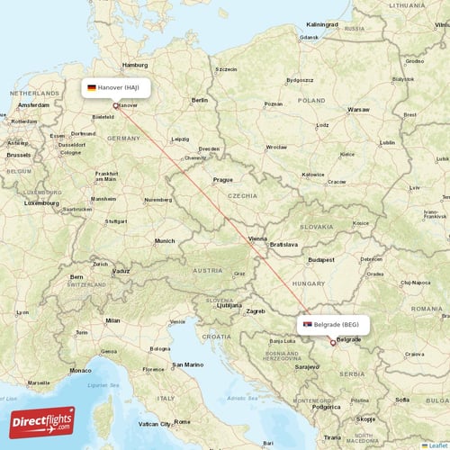 Belgrade - Hanover direct flight map