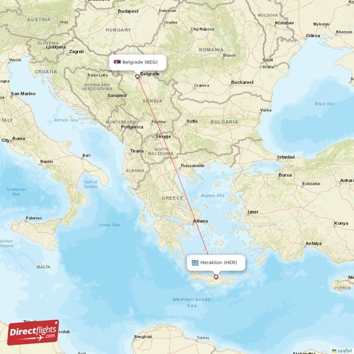 Belgrade - Heraklion direct flight map