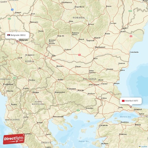 Belgrade - Istanbul direct flight map