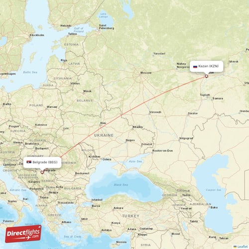 Belgrade - Kazan direct flight map