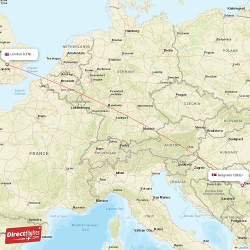 Belgrade - London direct flight map