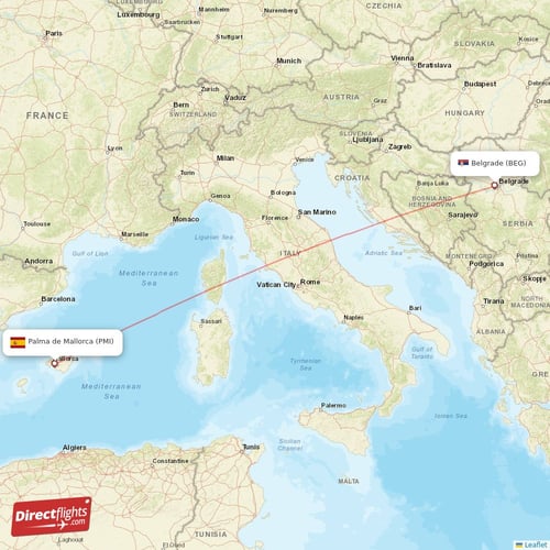 Belgrade - Palma de Mallorca direct flight map