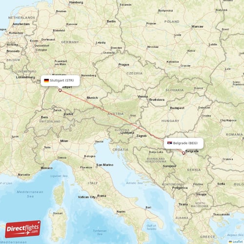 Belgrade - Stuttgart direct flight map
